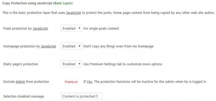 WP Content Copy Protection & No Right Click设置保护类型